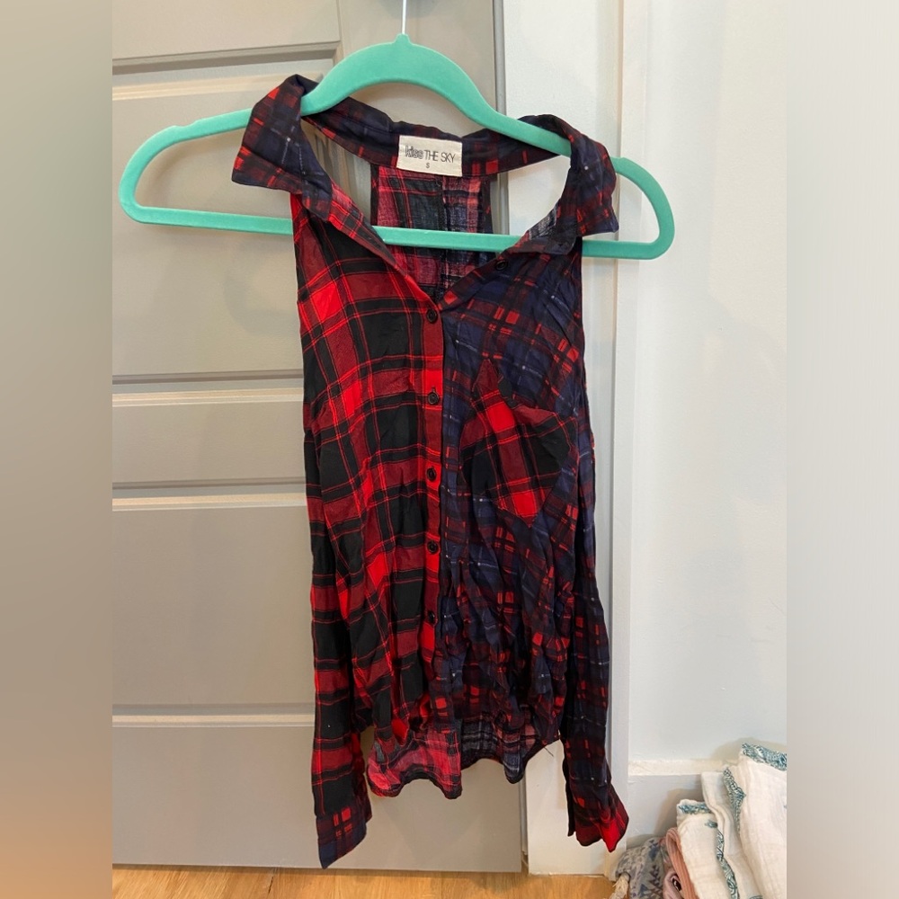 Plaid two tone cold shoulder button down collar shirt